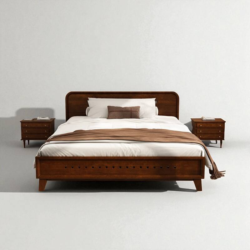 Queen/King Size Bed with Solid Pine Wood Frame, No Box Spring, Stable, Elegant Headboard - Dark Walnut - Queen