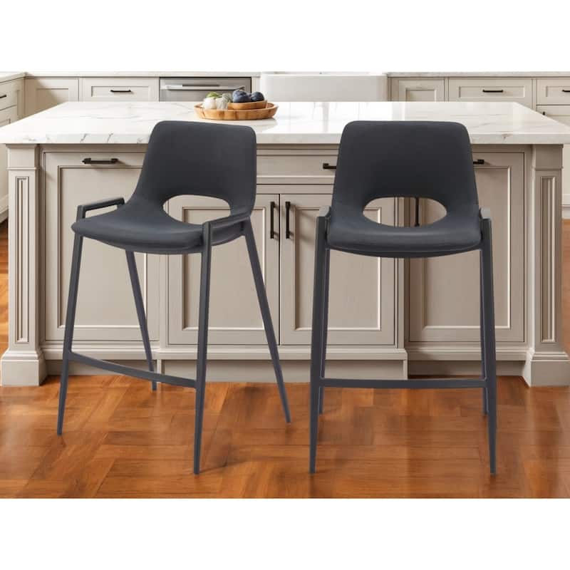 Set of Two 26" Black Faux Leather And Steel Low Back Counter Height Bar Chairs - Black