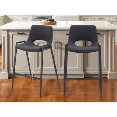 Set of Two 26" Black Faux Leather And Steel Low Back Counter Height Bar Chairs