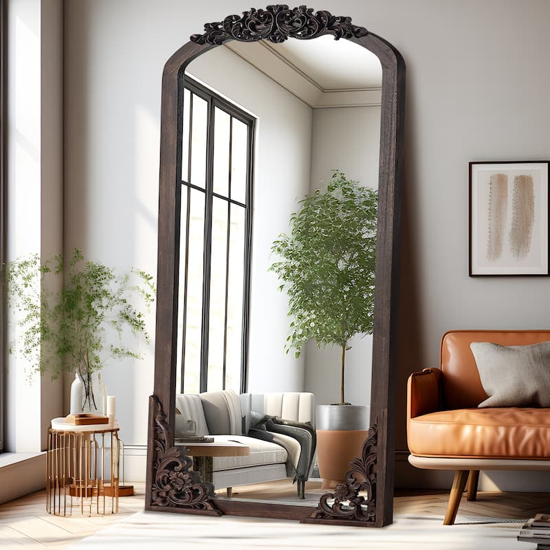 Lumioca Carved Solid Wood Arched Standing Mirror Wall Mirror - 67×28 - Brown