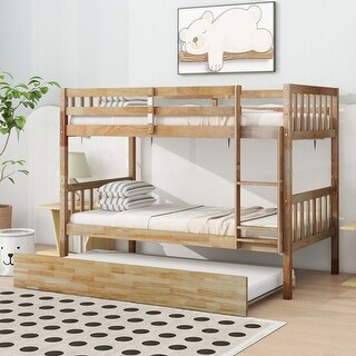 Rubber Wood Bunk Bed with Trundle,Convertible into 2 Twin Size Beds,Twin Over Twin Size