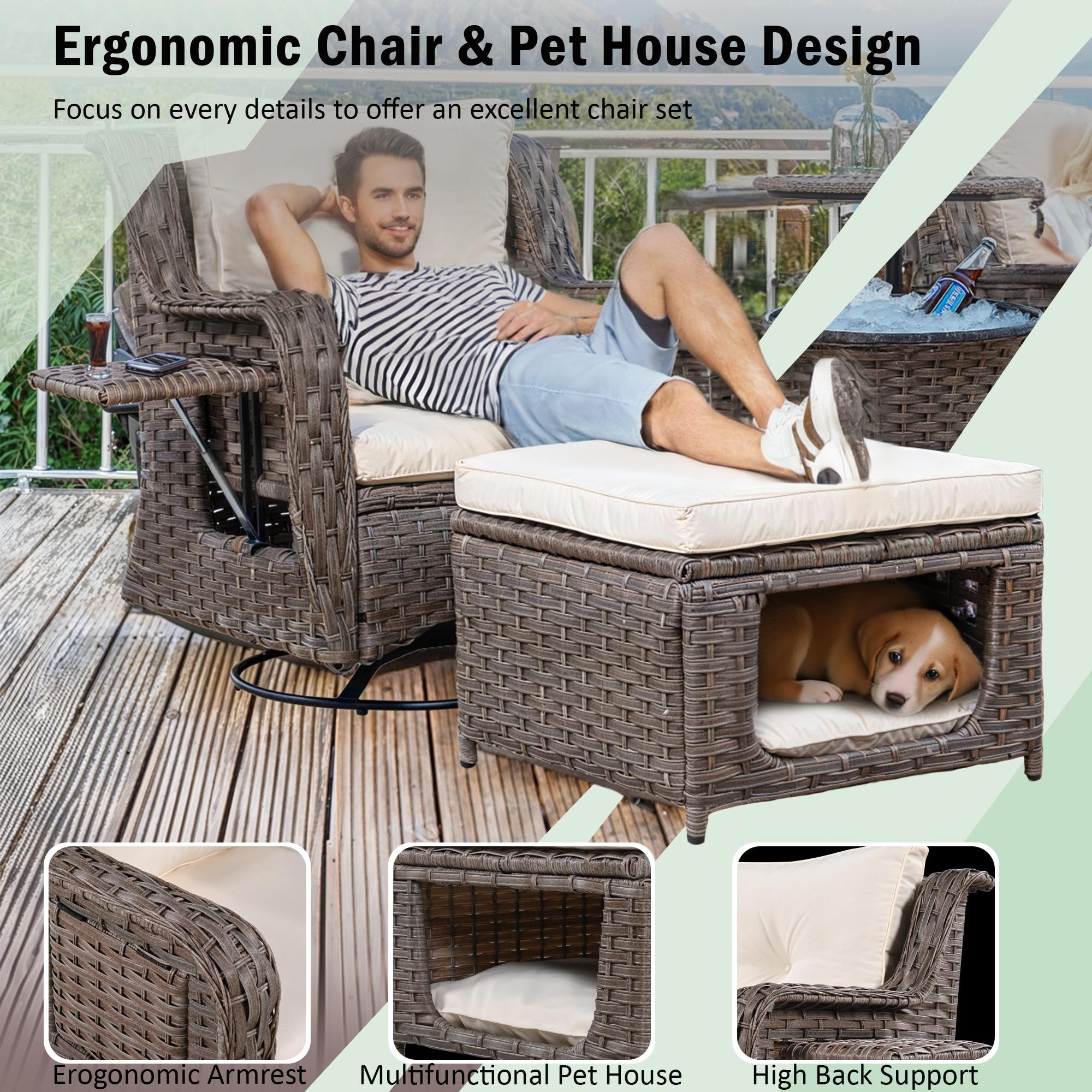 5 Piece Patio Swivel Chair Set Outdoor Rocking Chairs with Pet House Ottomans and Pop Up Cool Bar Table