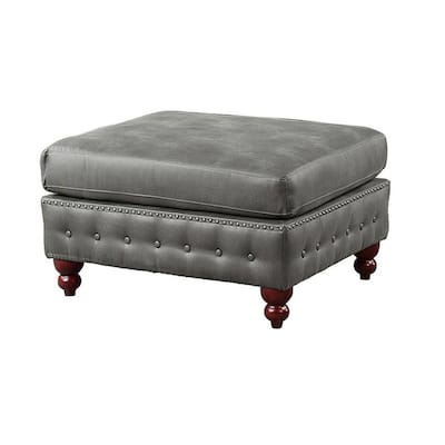 Simi 34 Inch Square Ottoman, Handcrafted Legs, Gray Vegan Faux Leather