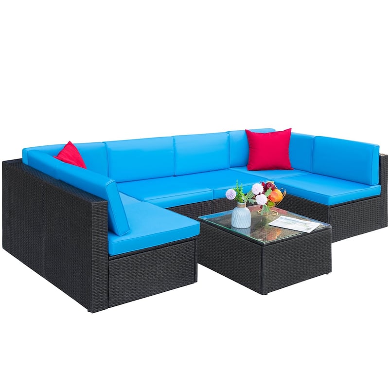 Lacoo 7 Pieces Outdoor Sectional Sofa Wicker Rattan Conversation Sets - Blue