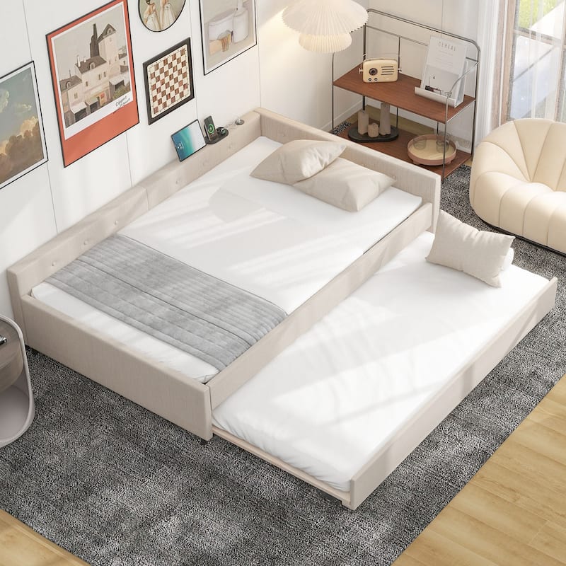 Queen/Full Size Upholstered Platform Bed with USB and Twin Size Trundle - Full