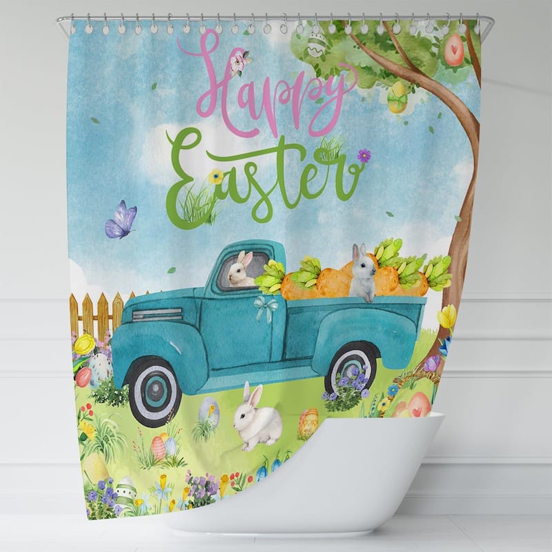 Happy Easter for Bathroom Easter Bunny With Eggs Shower Curtain
