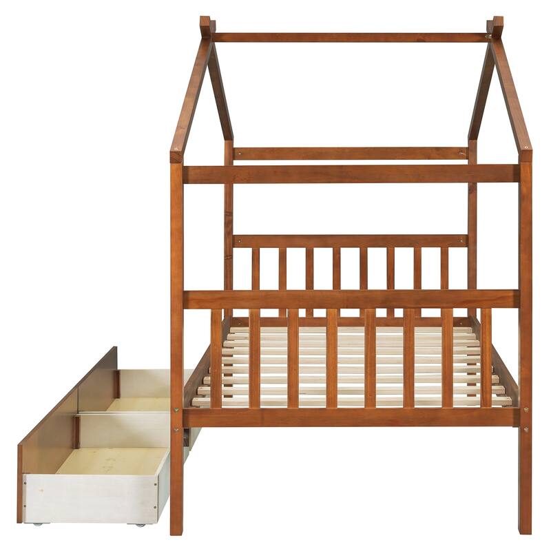 Twin Size House Bed with 2 Storage Drawers and Headboard Solid Wood Construction
