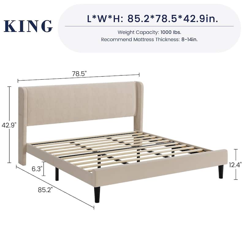 Platform Bed Frame with Upholstered Wingback Headboard