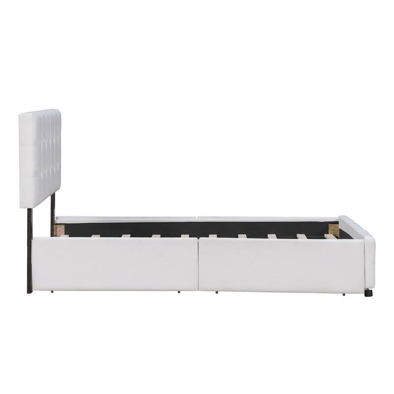 Queen Upholstered Bed Frame with 4 Drawers, Linen Fabric Platform Storage Bed with Classic Headboard and Wooden Slats Support
