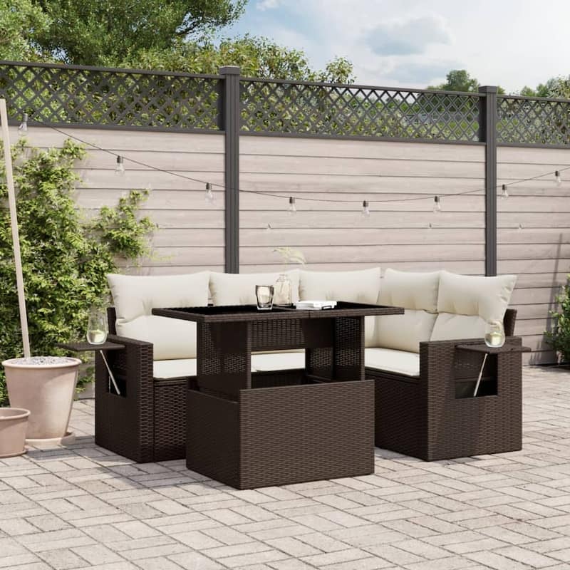 vidaXL Patio Sofa Set with Cushions Outdoor Furniture 5 Piece Poly Rattan - Brown and Cream-without storage - 21.7 x 39.4 x 28.7