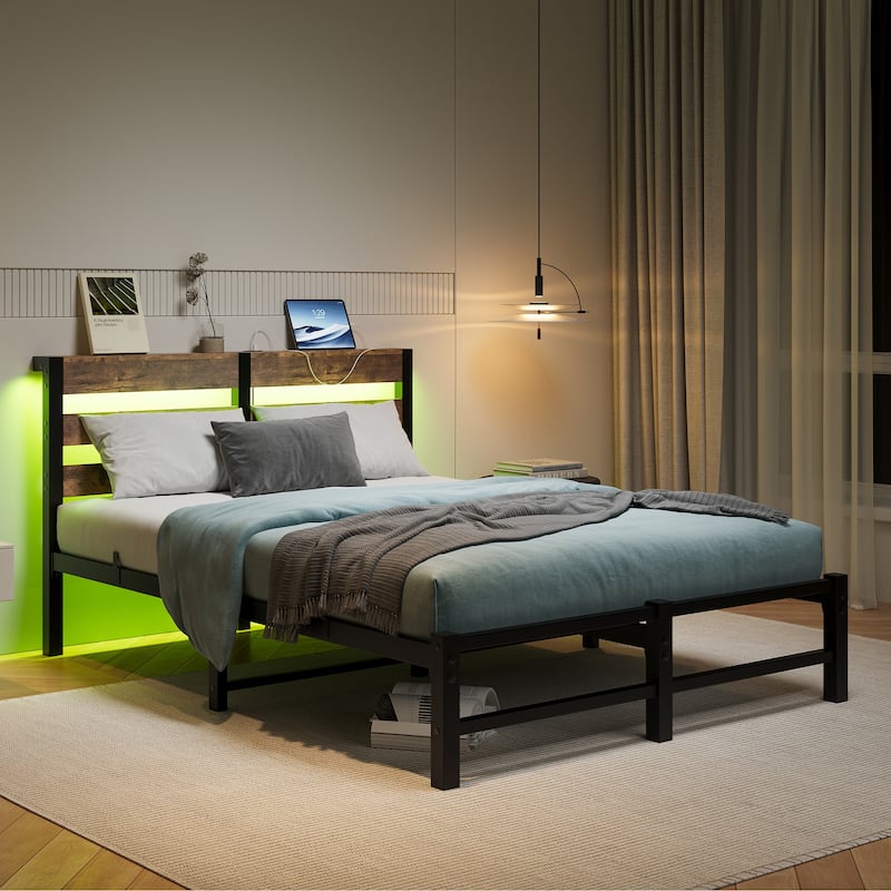 Full Size Modern Metal Bed with Wooden Headboard, RGB Lights, and Storage Shelf
