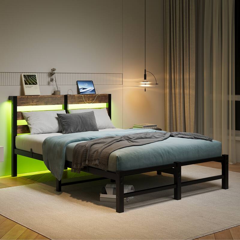 Metal Bed Frame Slats Platform Bed Open Frame with RGB LED Light and 2 USB Ports, Wooden Headboard, No Box Spring Needed - Brown - Full