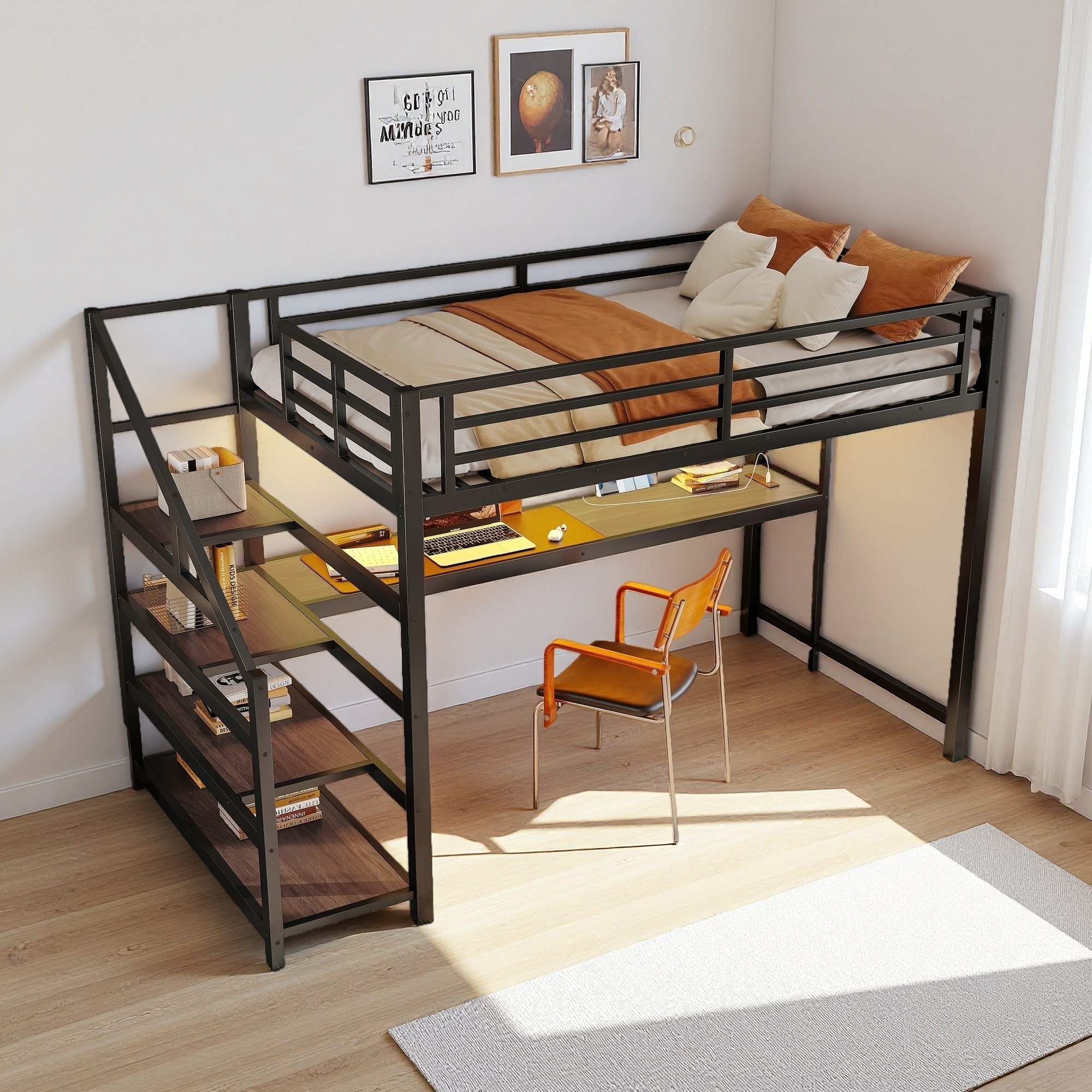 Twin XL Metal Loft Bed with Desk, Storage Stairs, LED Lights, USB Ports, Iron Nets, Noise-Free Design, No Box Spring Needed