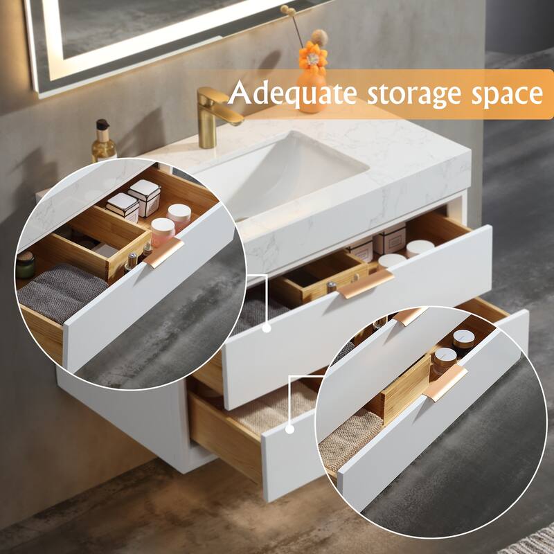 36/48/60 Modern Floating Bathroom Vanity with Sinle/Double Sink & Soft-Close Drawers & LED Lighting & Waterproof, White