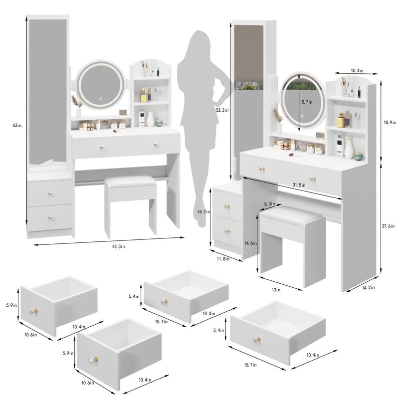 Makeup Vanity Desk with Mirror Cabinet & Cushioned Stool, Vanity Table Dressing Table w/ 4 Drawers, Storage Shelves & LED Mirror