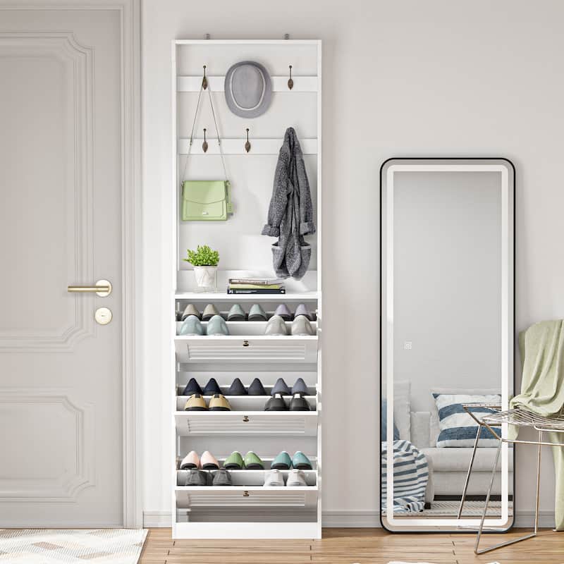 Anmytek White 78.7" H Tall Shoe Cabinet Wood Shoe Rack Organizer with Coat Racks and Flip Drawers