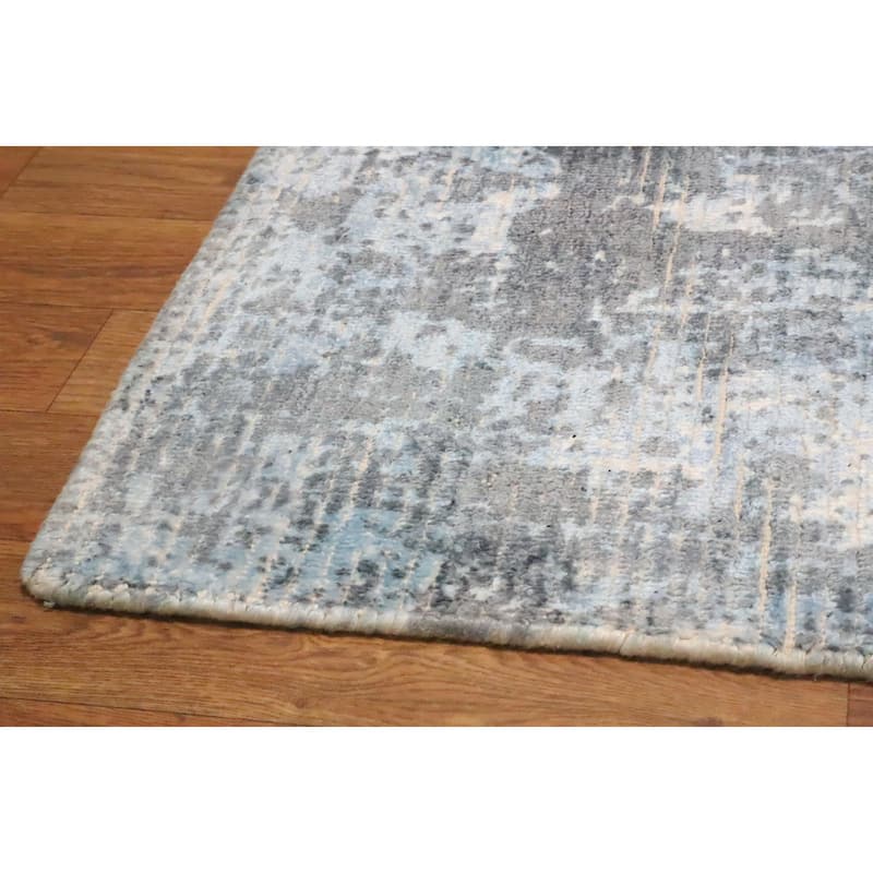 Hand Knotted Oriental Viscose Silk Carpet Modern Abstract Navy Blue & Blues Abstract Area Rug - 4' 0'' X 2' 0''