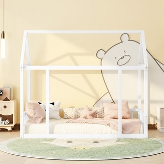 Stylistic Elements Twin Size Floor Wooden Kids Bed with House Roof Frame and Safety Guardrails, White