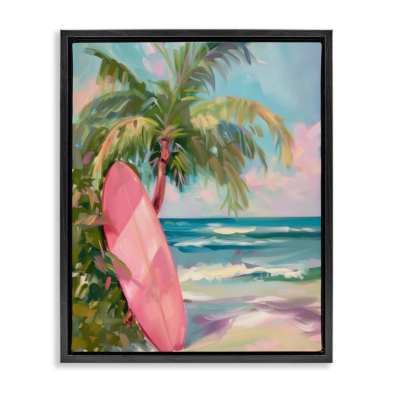 Stupell Pink Surfboard on Beach Framed Floater Canvas Wall Art Design By Arlington Prints - 25 x 31 - Black