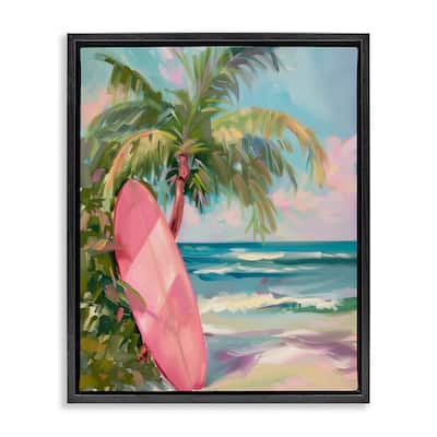 Stupell Pink Surfboard on Beach Framed Floater Canvas Wall Art Design By Arlington Prints