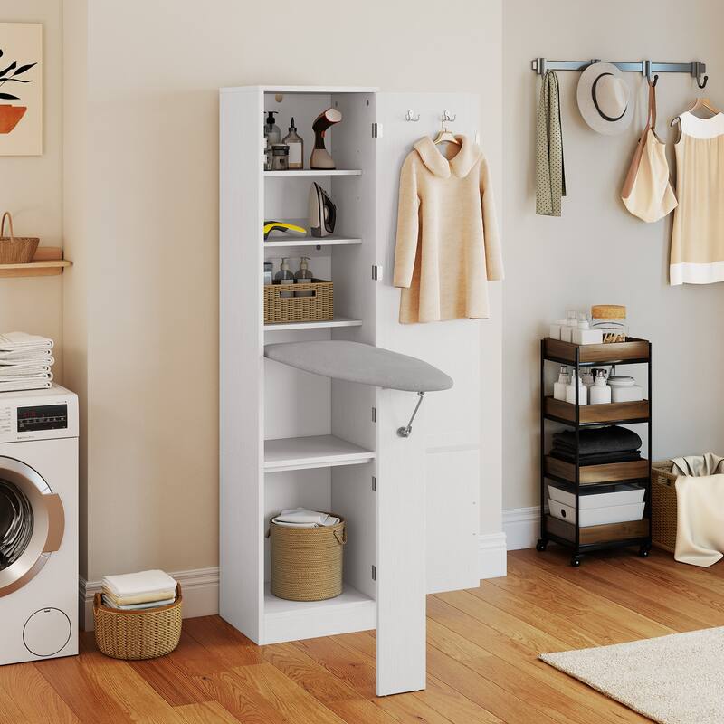 Moasis In-Wall Ironing Board Cabinet with Foldable Board and Adjustable Shelves for Space Saving Storage - White