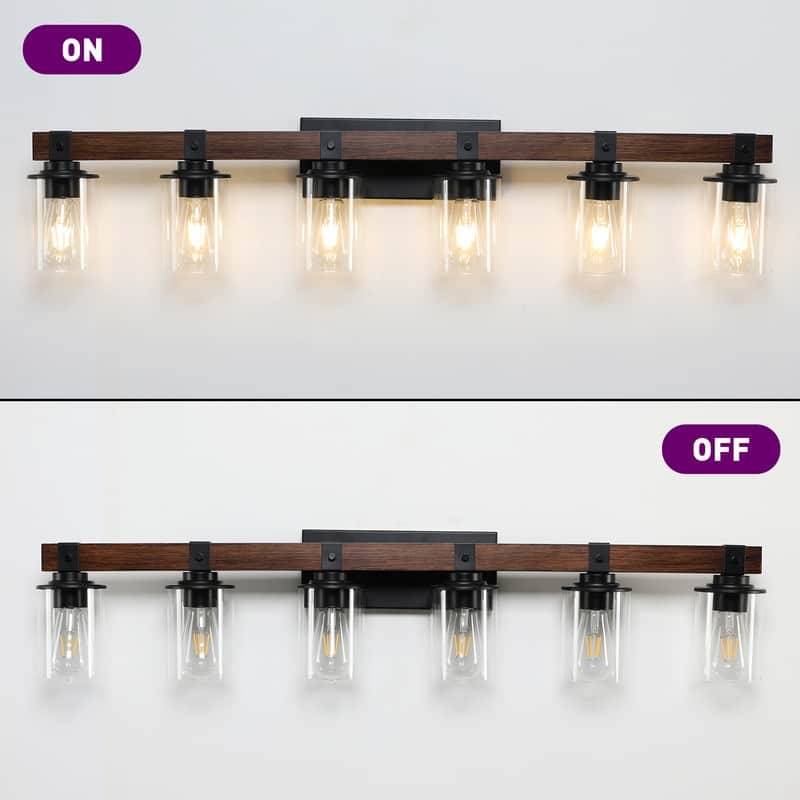 Vanity Light, Industrial Bathroom Wall Sconce with Glass Shades and Wood Accent, Modern Farmhouse Lighting Fixture (No Bulbs)