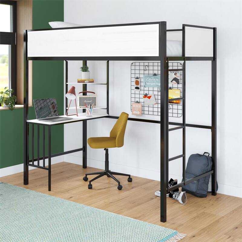 Space-Saving Twin Loft Bed with Desk and Shelves for Kids and Teens
