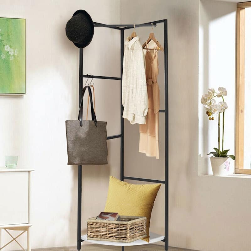 Metal Corner Coat Rack Clothes Rack Hall Tree with Hooks Storage Shelf