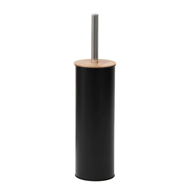 Metal Toilet Brush and Holder Set With Bamboo Lid - Black