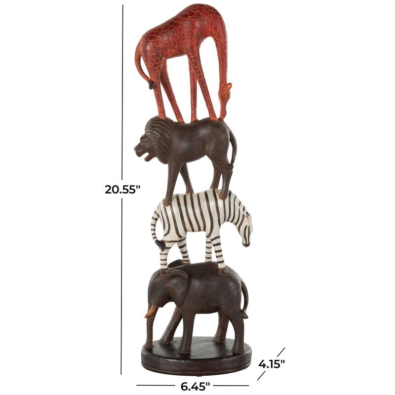 Black Polystone Stacked Safari Animals Decorative Sculpture with Round Base