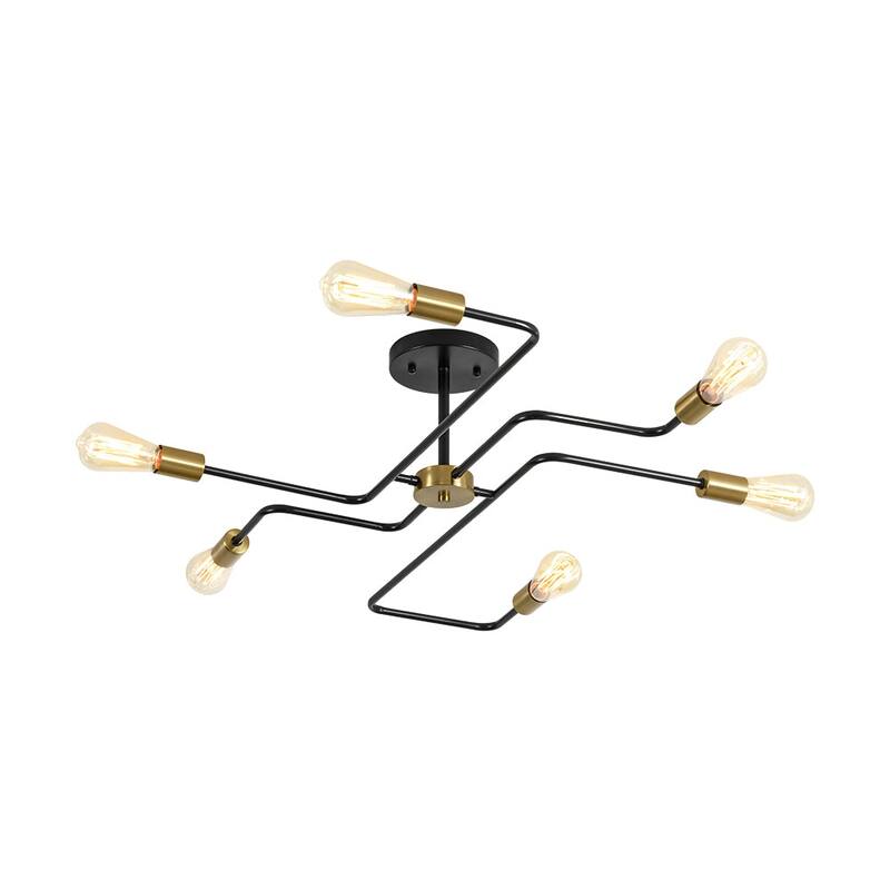 6-Light Industrial Black Brass Sputnik Semi Flush Mount Ceiling Light - 36.6 Inches