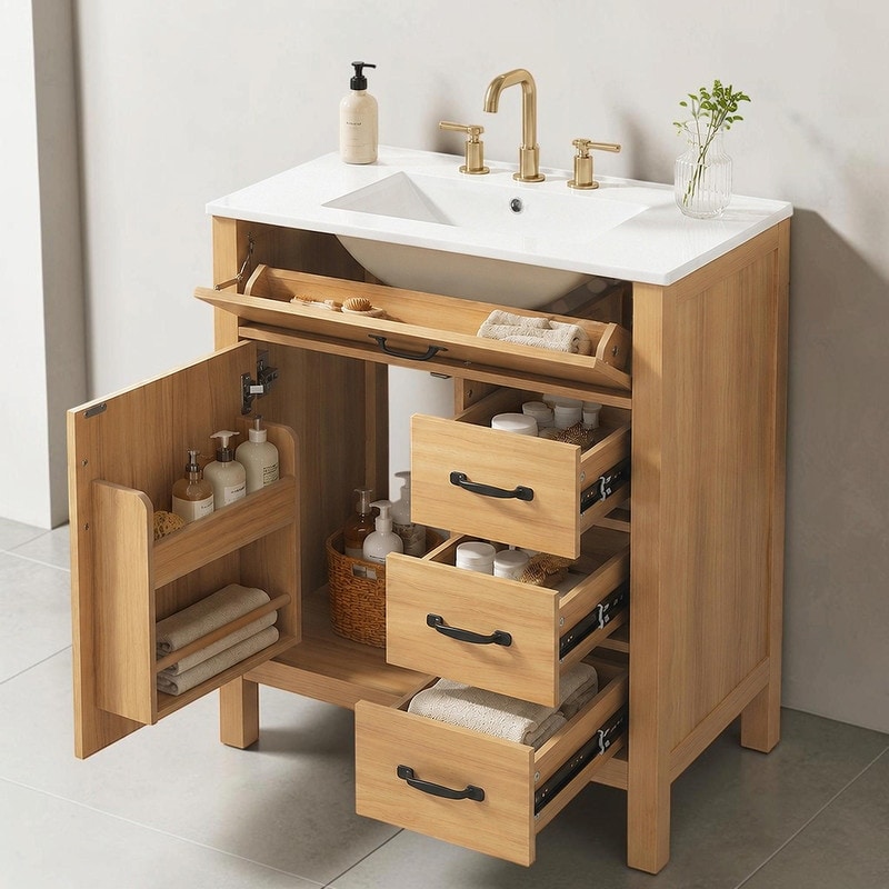 Modern Traditional Bathroom Vanity with Ceramic Sink, Solid Wood Legs, Soft Close Hardware, 1 Door, 1 Flip Drawer & 3 Drawers