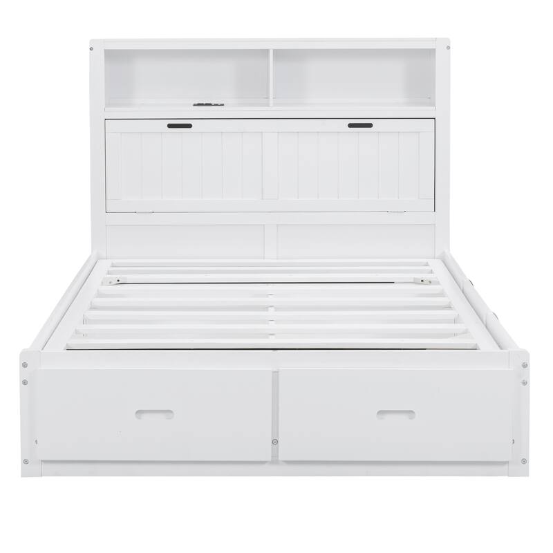 Full Size Hydraulic Platform Bed with Storage, LED Headboard, Charging Station, and 2 Drawers in White