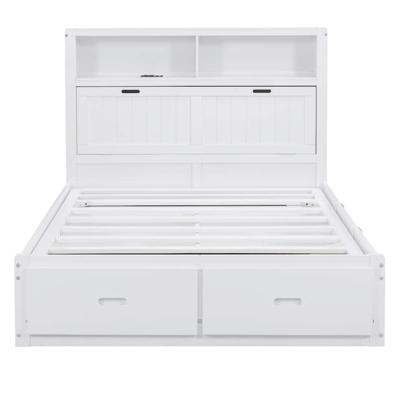 White Full Size Wooden Bed with LED Storage Headboard, Charging Station, and 2 Drawers