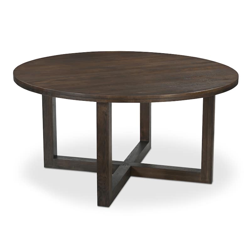 NADAAL STUDIOS Arlisse Dining Table for 6, Round Oak Wood Top, Dual-Layer Top with V-Groove Iron Crossing Base, Dark Brown