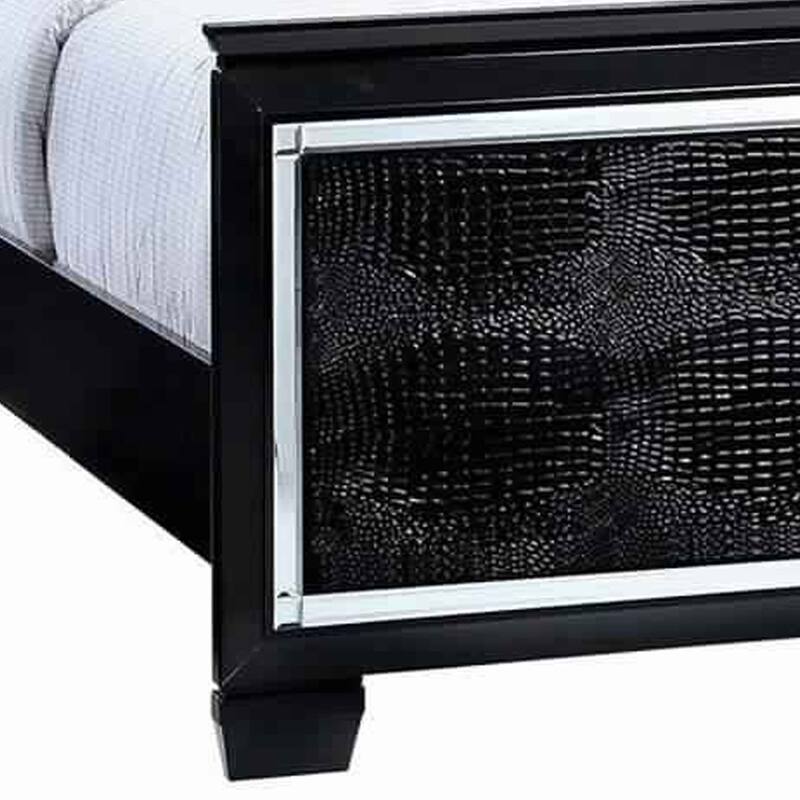 Textured Eastern King Size Bed with Silver Trim Accents, Black