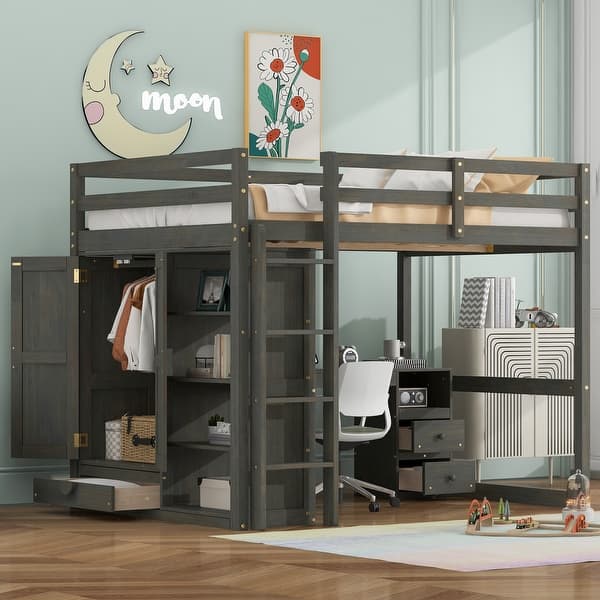 slide 2 of 22, Wood Full Size Loft Bed with Built-in Wardrobe, Desk, Storage Shelves and Drawers, Grey Grey