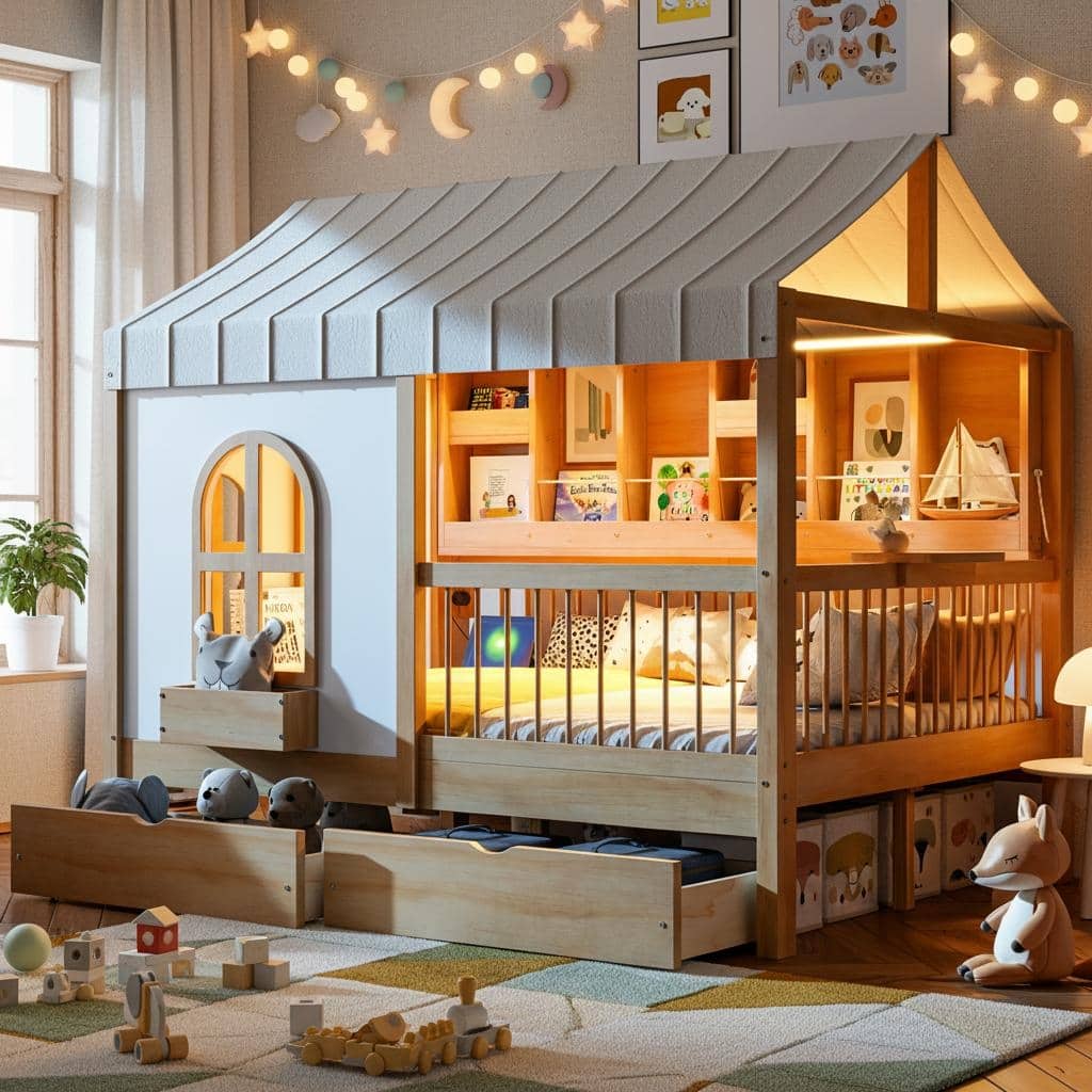 Full-Size House Bed with Bookshelf, USB Charging Station & Tent Roof by Harper&Bright Designs