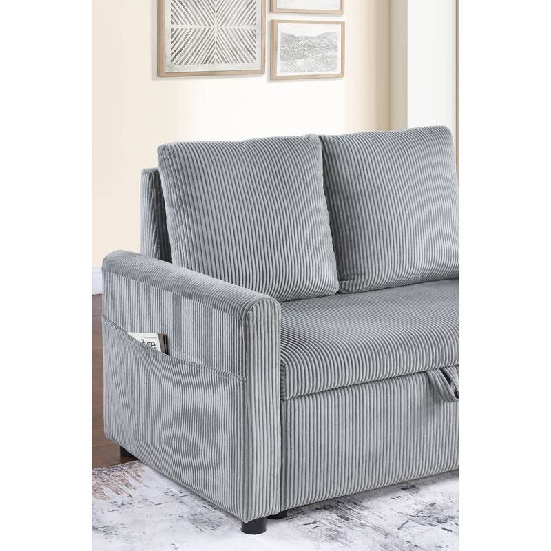 70"W Gray Corduroy Sofa with Pull-Out Chaise, Underseat Storage, Side Pocket