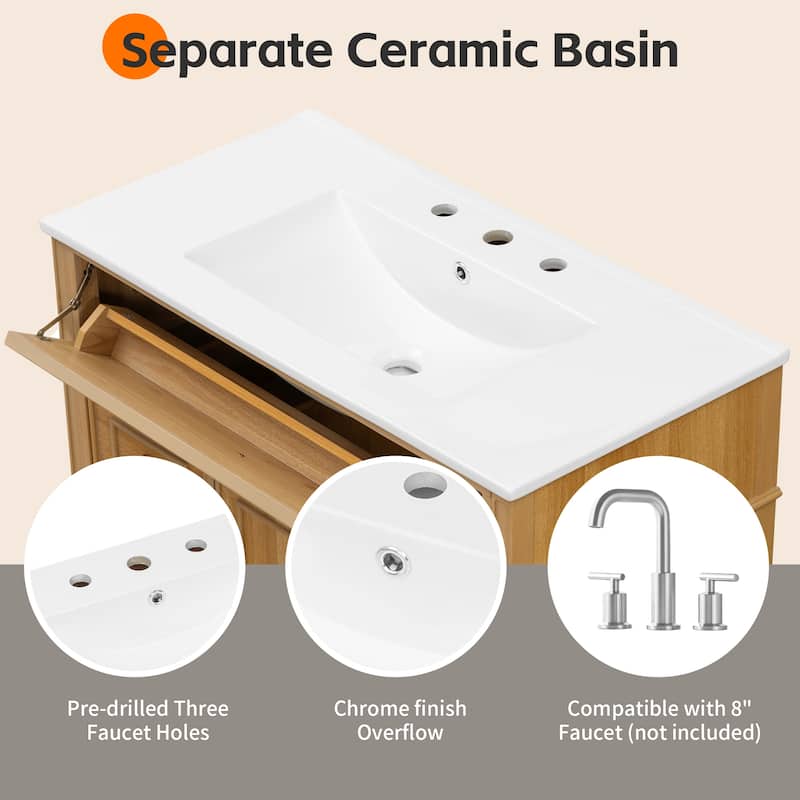 36" Bathroom Vanity with Ceramic Sink, Flip-Out Drawer, 3 Drawers, Soft Close Doors, Solid Wood & MDF Cabinet