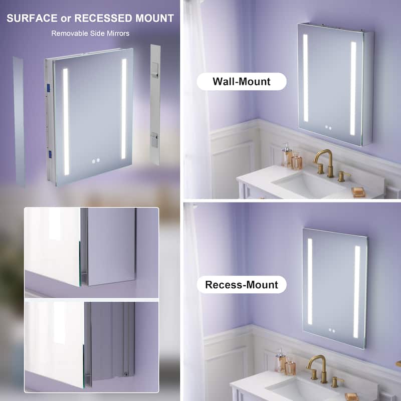 Recessed or Surface 30" H LED Mirror Cabinet with Adjustable Glass Shelves,Defogger, Dimmer And Outlets & USB Ports