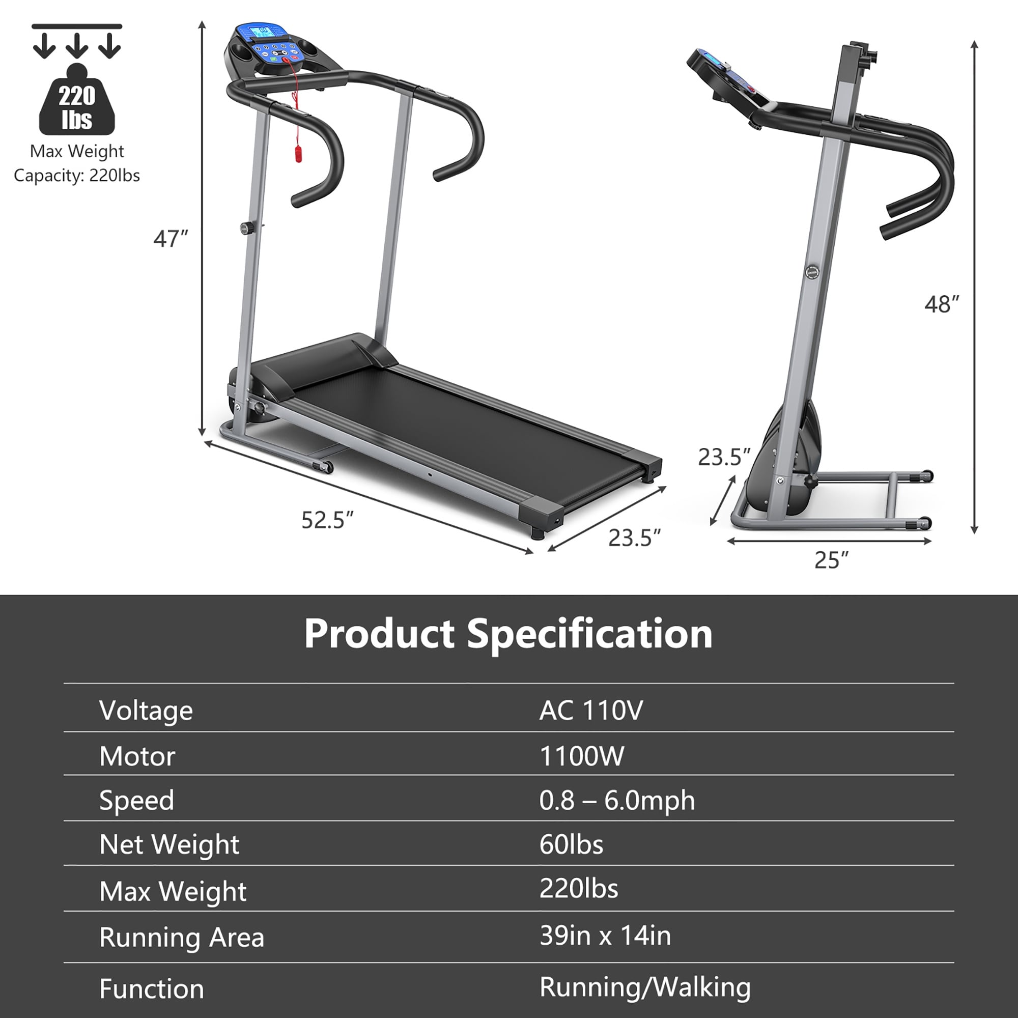 Gorilla Gadgets Portable Fitness Treadmill with Remote Control, LED Display & Bluetooth Speaker, Size: 52.5 x 23.5 x 4.2, Black