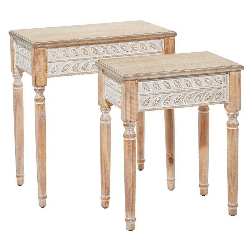Wooden Leaf Intricately Carved Accent Table - Set of 2 Brown - Roche River Decor - 14"W x 22"L x 25"H