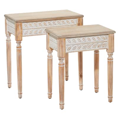 Wooden Leaf Intricately Carved Accent Table - Set of 2 Brown - Roche River Decor - 14"W x 22"L x 25"H