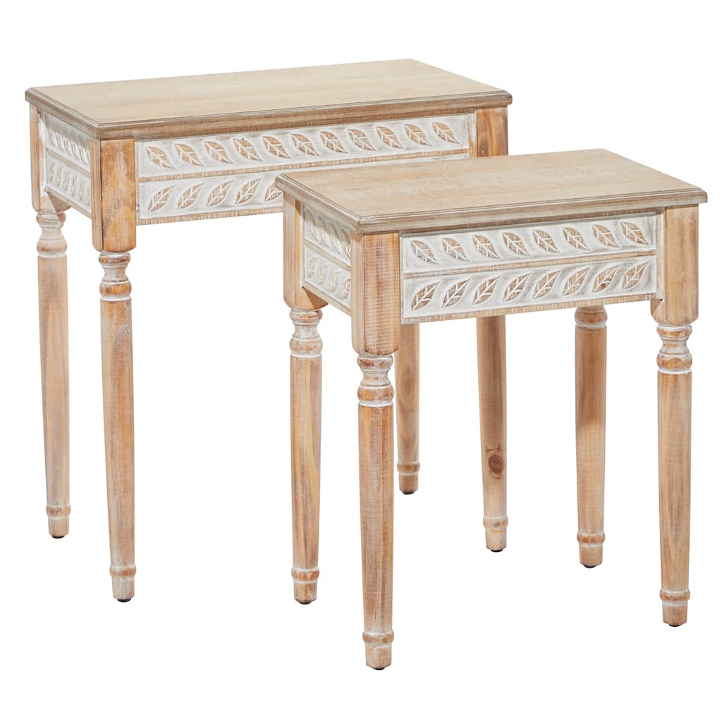 Wooden Leaf Intricately Carved Accent Table - Set of 2 Brown - Roche River Decor - 14"W x 22"L x 25"H
