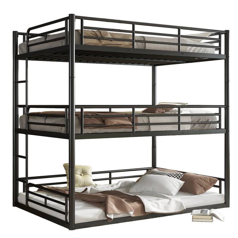 Full over Full over Full Bunk Bed, Metal Triple Bunk Bed with Safety Guardrails, Heavy-duty Bunk Bed with Noise-reduced Design