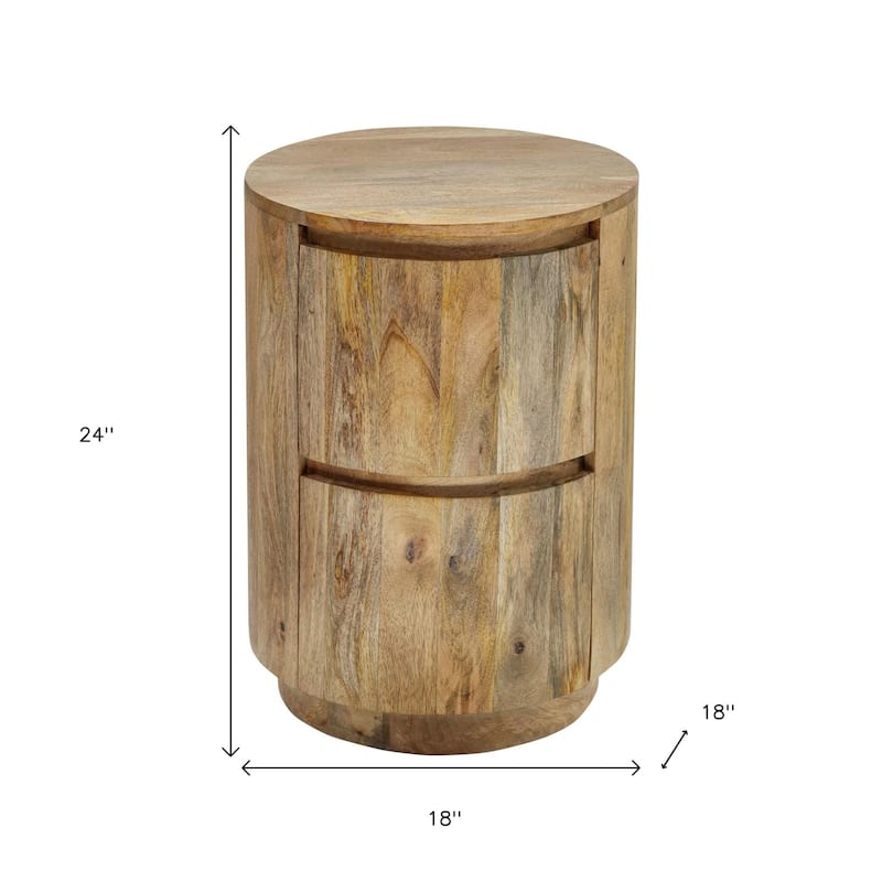 HomeRoots 24" Natural Solid Wood Round Drum End Table With Two Drawers - 18 in. x 24 in. x 18 in.