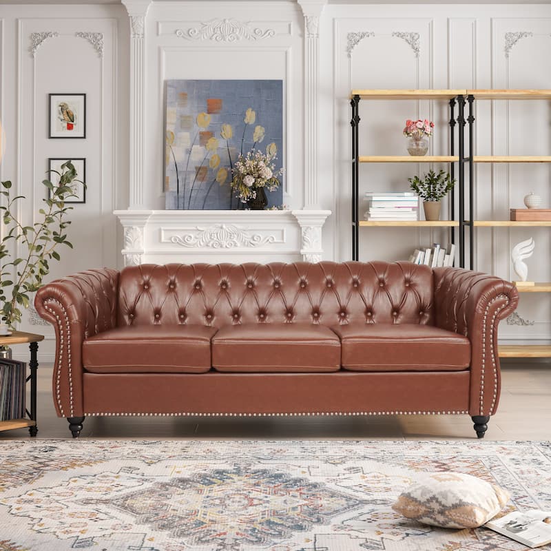 84" PU Rolled Arm Chesterfield Three Seater Sofa