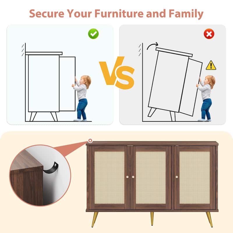 Rattan Storage Cabinet With 3 Door, Farmhouse Style Buffet Sideboard - N/A