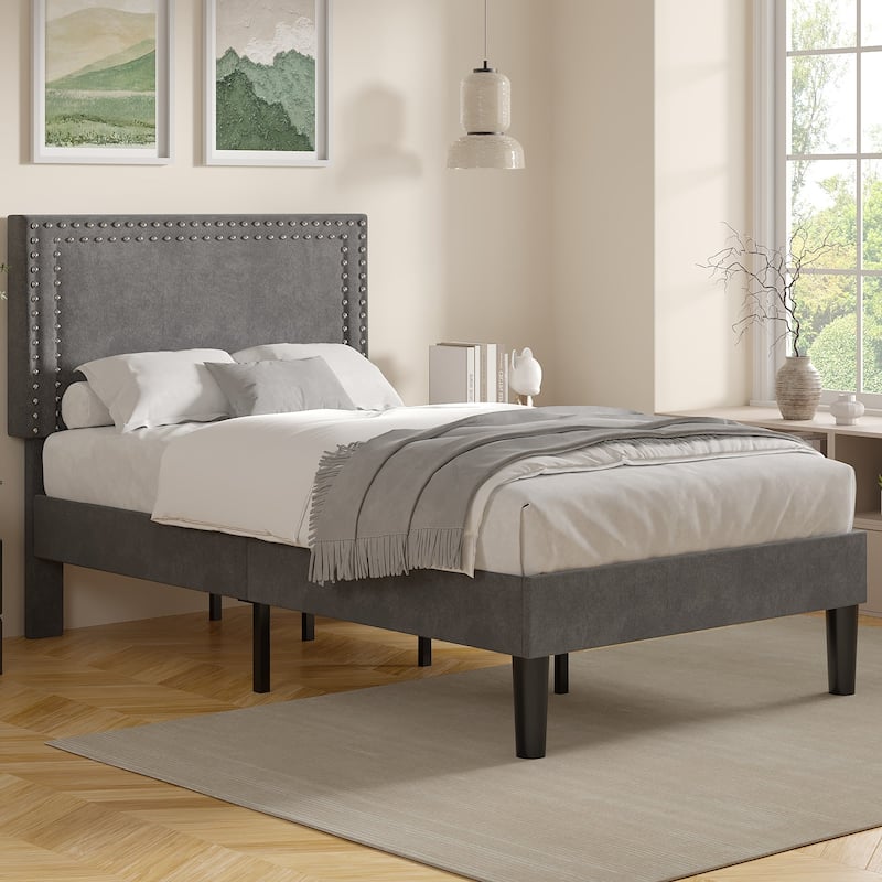 Upholstered Platform Bed Frame with Adjustable Headboard Velvet Nailhead Trim No Box Spring Needed